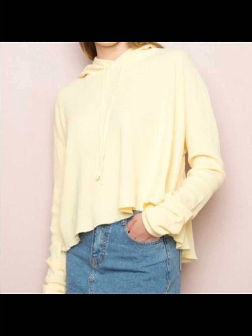 Brandy Melville Pale Yellow Waffle knit Cropped Hoodie with distressing